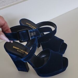 36.5 Saint Laurent Dark Blue Velvet Platform Sandals